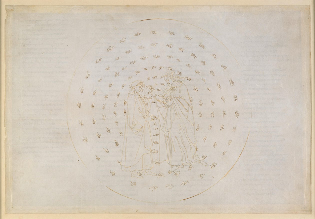 La Divina Commedia, Paradiso VII. Tweede planetaire sfeer (hemel van Mercurius): Beatrice leidt Dante in in de ingewikkelde kwesties van de goddelijke gerechtigheid, de erfzonde van de mens en de verlossing door de dood van Christus door Sandro Botticelli