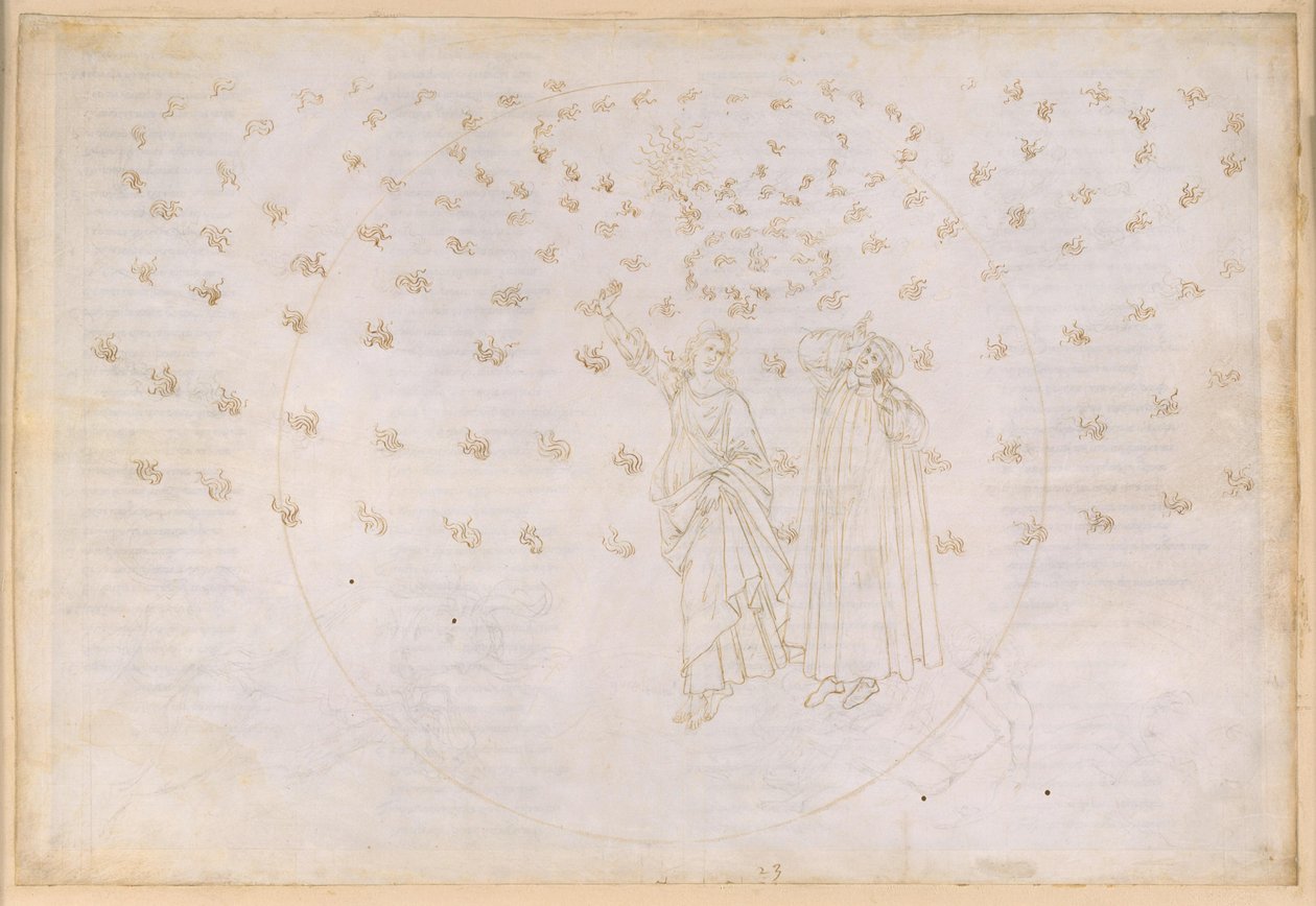 La Divina Commedia, Paradiso XXIII. Achtste sfeer (hemel met vaste sterren): visioen van de triomf van Christus; Dante ziet Beatrice in haar ware gedaante; de Mariadans en de twaalf apostelen door Sandro Botticelli