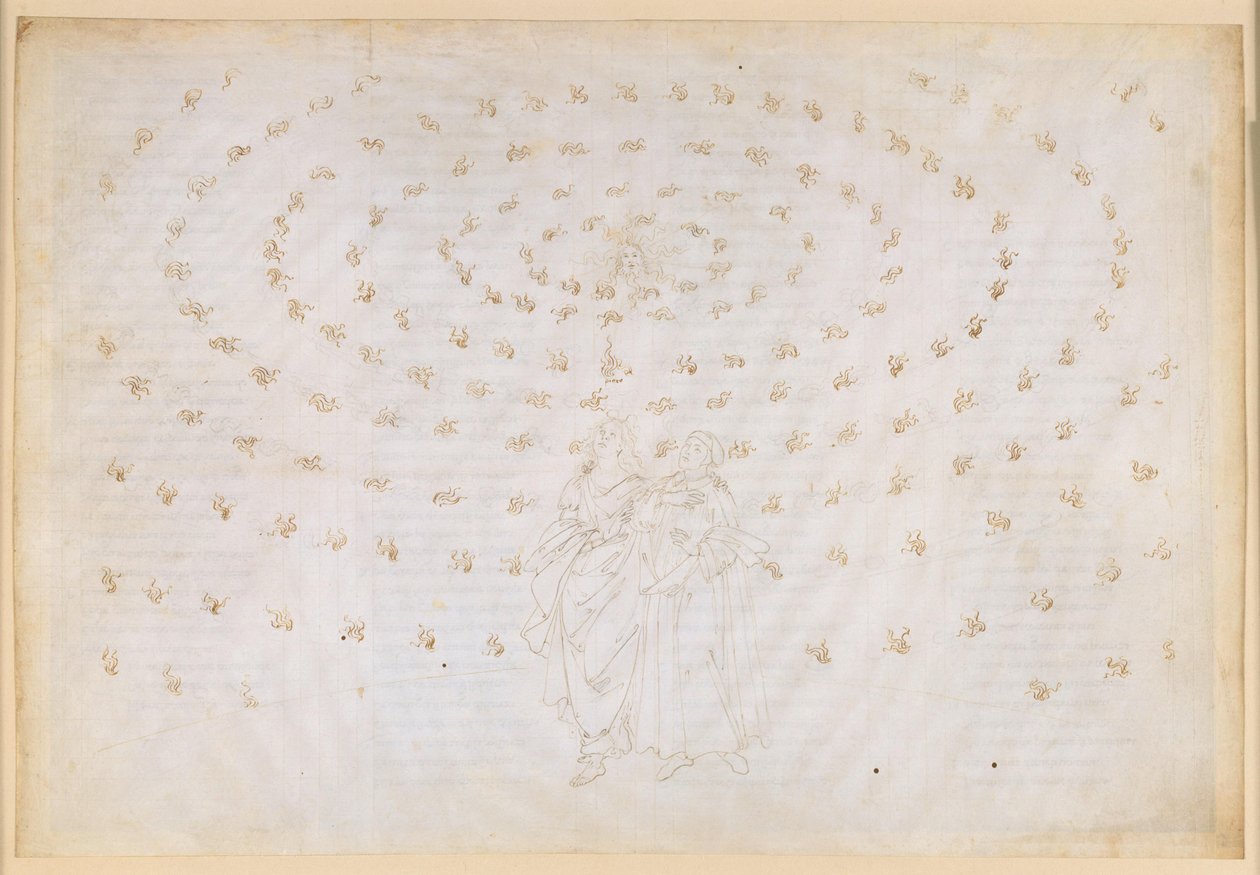 La Divina Commedia, Paradiso XXIV. Achtste sfeer (hemel met vaste sterren): Beatrice vraagt Petrus om haar leerling te toetsen op het ware geloof, de eerste theologische deugd; Dantes geloofsbelijdenis door Sandro Botticelli