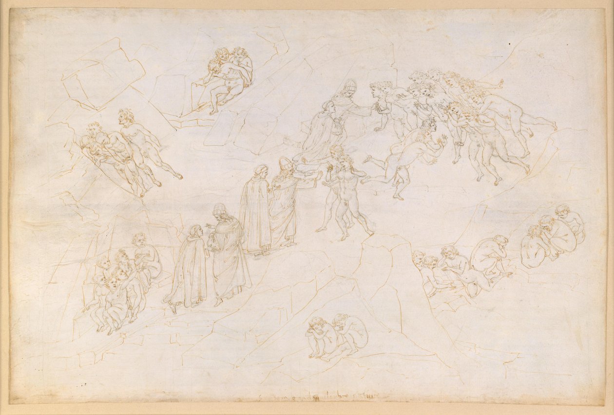 La Divina Commedia, Purgatorio V. Voorpurgatorium, middelste zone: degenen die te laat zijn gekomen en als gevolg van een daad van geweld om het leven zijn gekomen door Sandro Botticelli