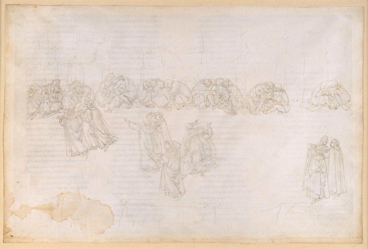La Divina Commedia, Purgatorio XIII. Tweede ring van het vagevuur: boetedoening voor afgunst en leedvermaak; gesprek met Sapia Salvani door Sandro Botticelli