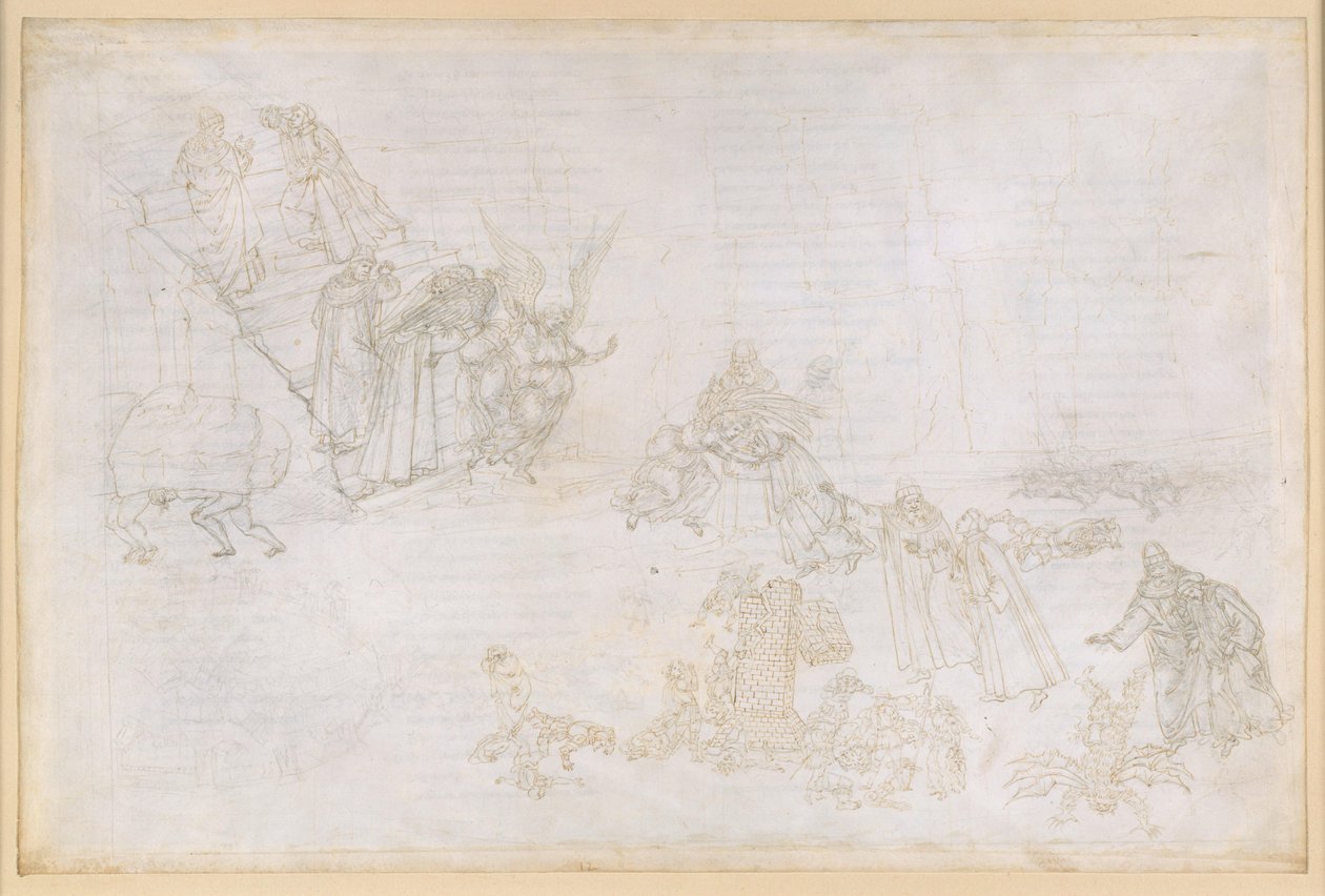 La Divina Commedia, Purgatorio XII. Eerste cirkel van het vagevuur: afbeeldingen van de straf voor hoogmoed; de engel voor de trappen naar de tweede cirkel door Sandro Botticelli