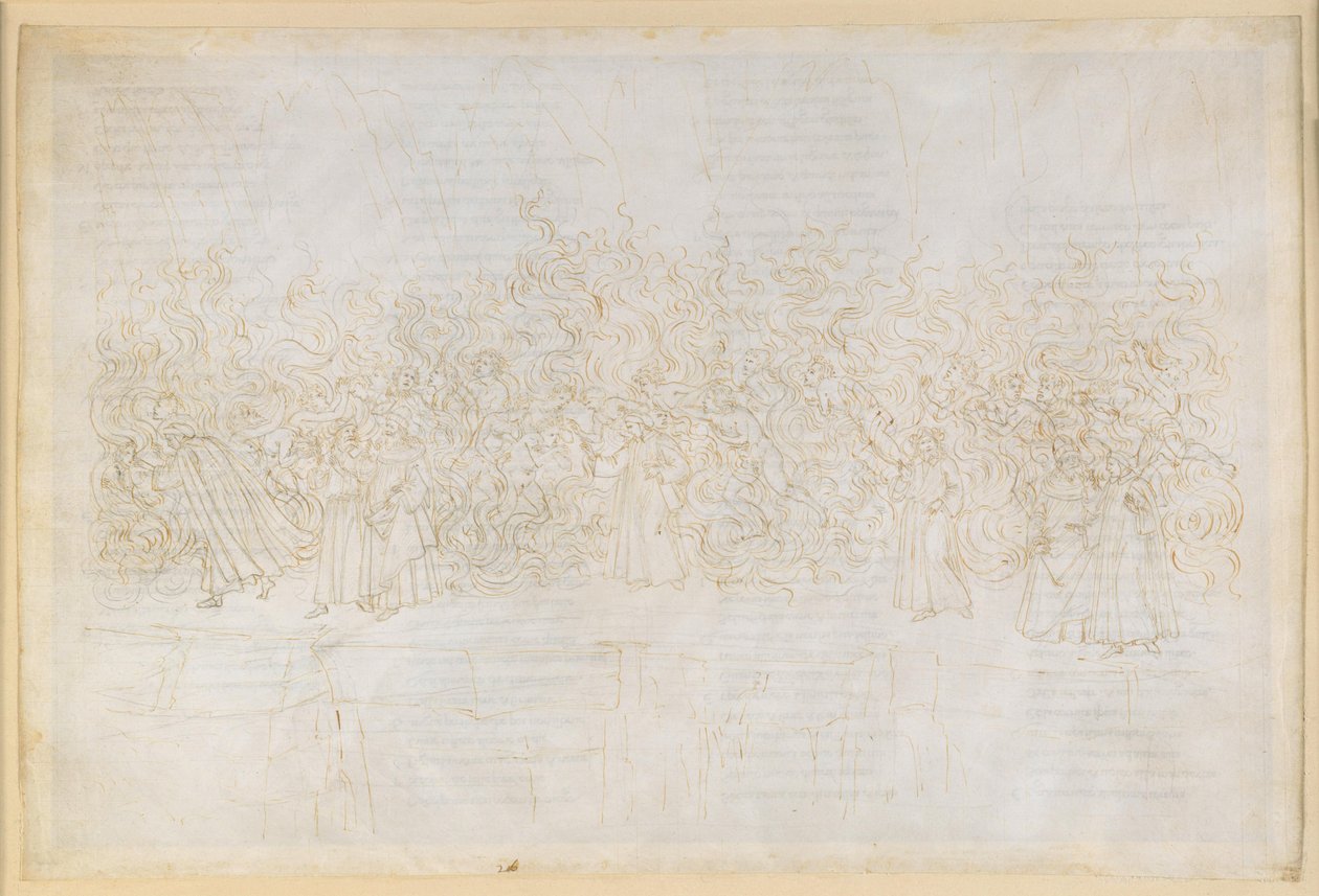 La Divina Commedia, Purgatorio XXVI. Zevende cirkel van het vagevuur: boetedoening van de wellustigen; gesprek tussen Dante en Guido Guinizelli door Sandro Botticelli