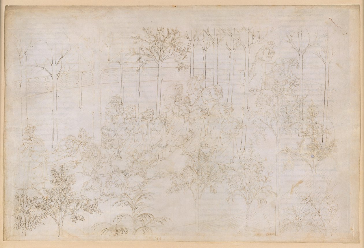 La Divina Commedia, Purgatorio XXXIII. Het Aardse Paradijs: Beatrice in de kring van de deugden; het vertrek; Dantes bad in de rivier Eunoe door Sandro Botticelli