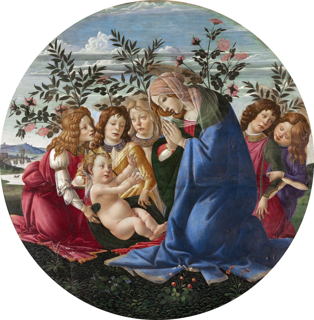 Madonna die het kind aanbidt met vijf engelen door Sandro Botticelli