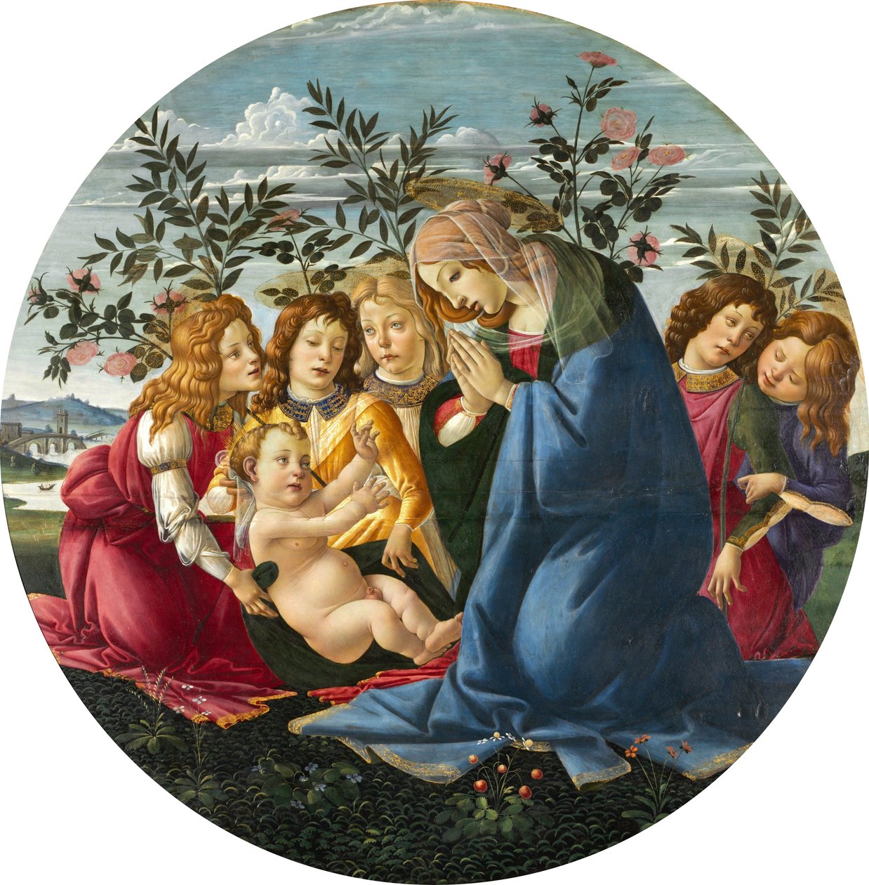 Madonna die het kind aanbidt met vijf engelen door Sandro Botticelli