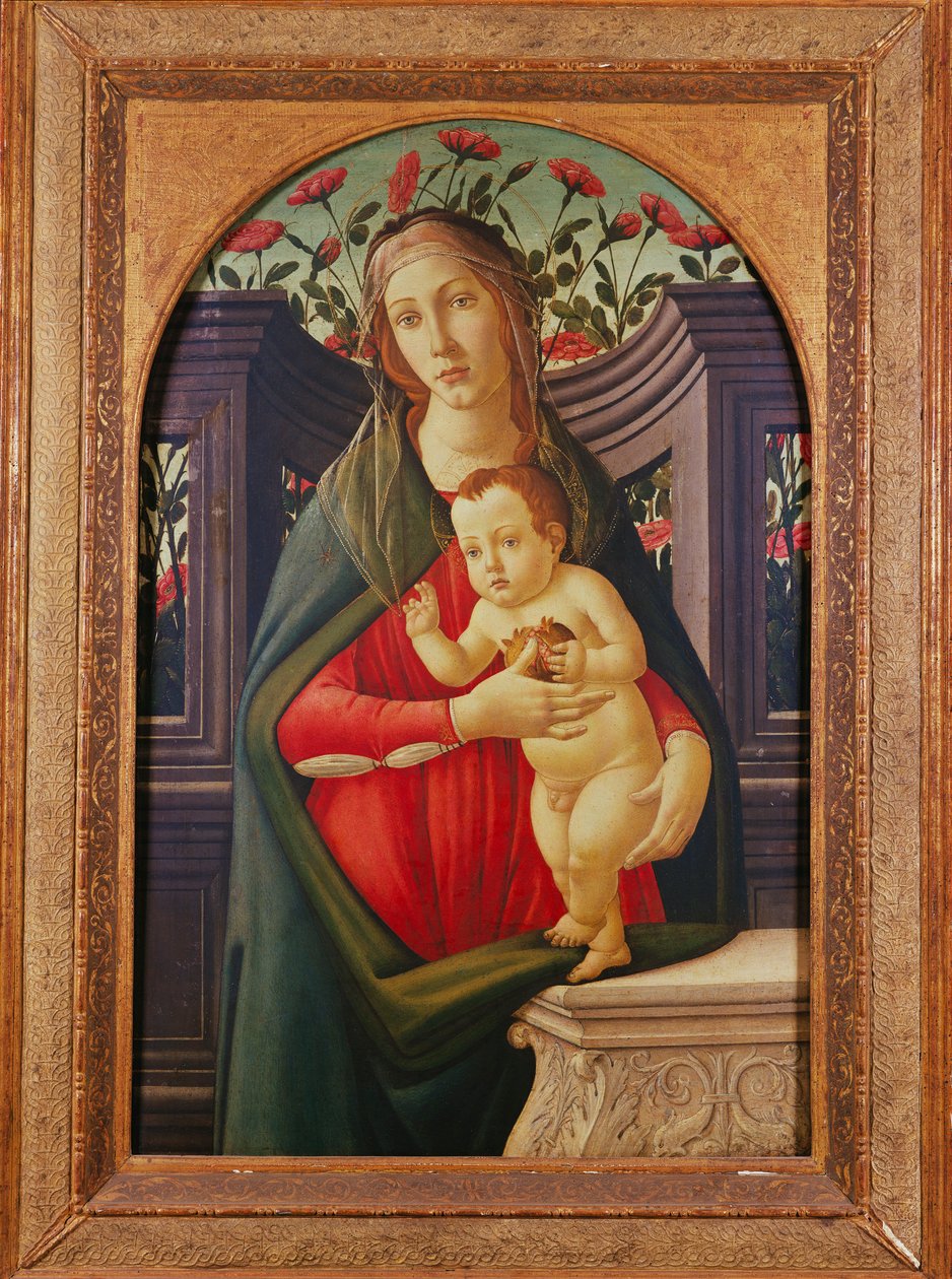 De Madonna en het kind in een nis versierd met rozen door Sandro Botticelli