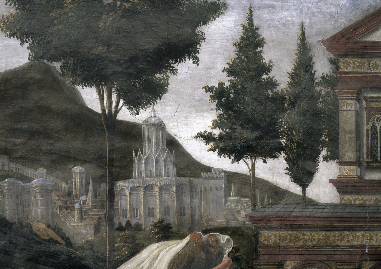 De Reiniging van de Melaatse en de Verzoeking van Christus, in de Sixtijnse Kapel: detail van een denkbeeldige stad in een landschap, 1481 (detail) door Sandro Botticelli