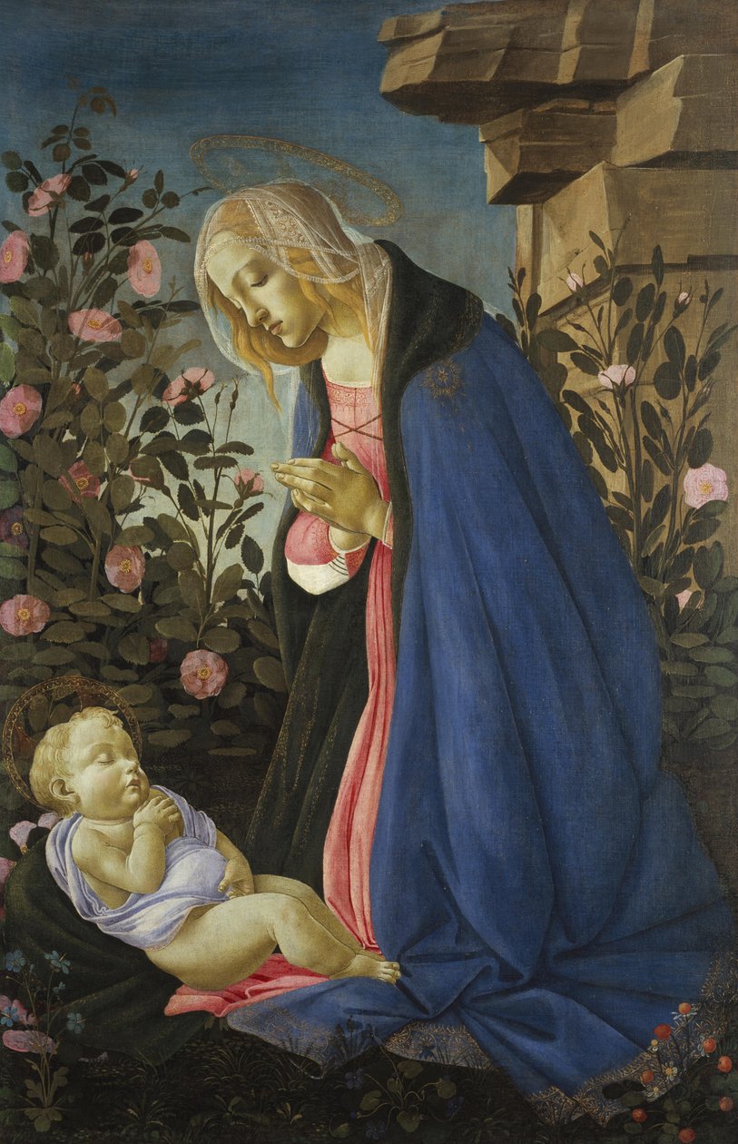 De Maagd die het slapende Christuskind aanbidt door Sandro Botticelli