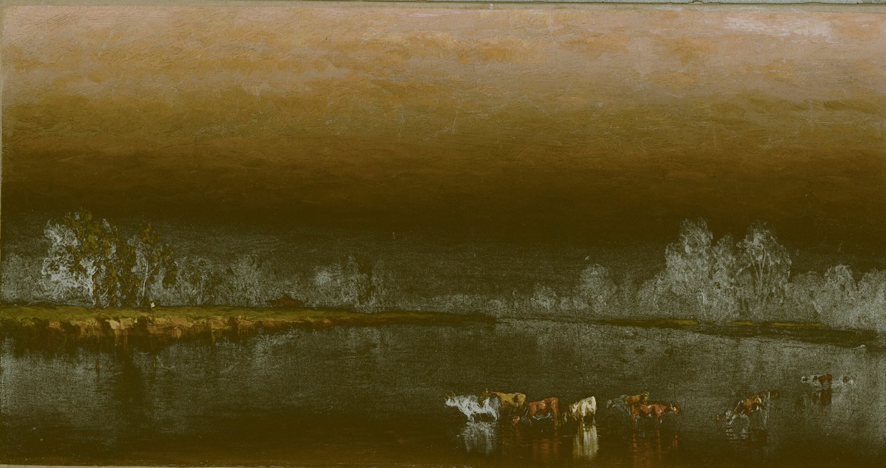 Koeien in een vijver bij zonsondergang door Sanford Robinson Gifford