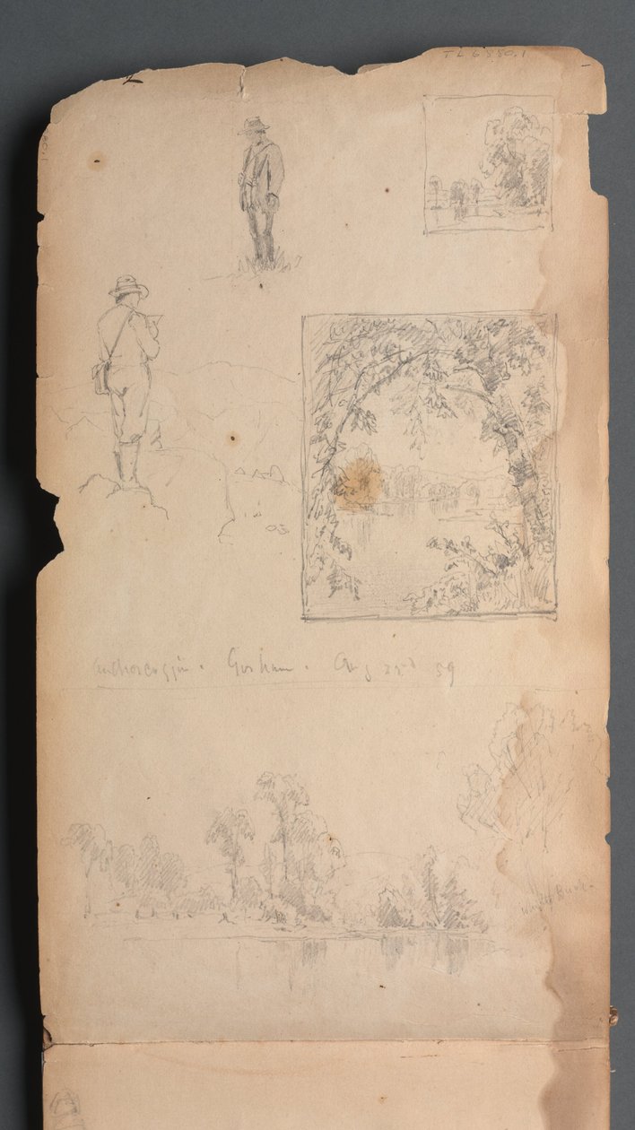 Schetsboek, pagina 01: Zelfportretten met vignetten door Sanford Robinson Gifford