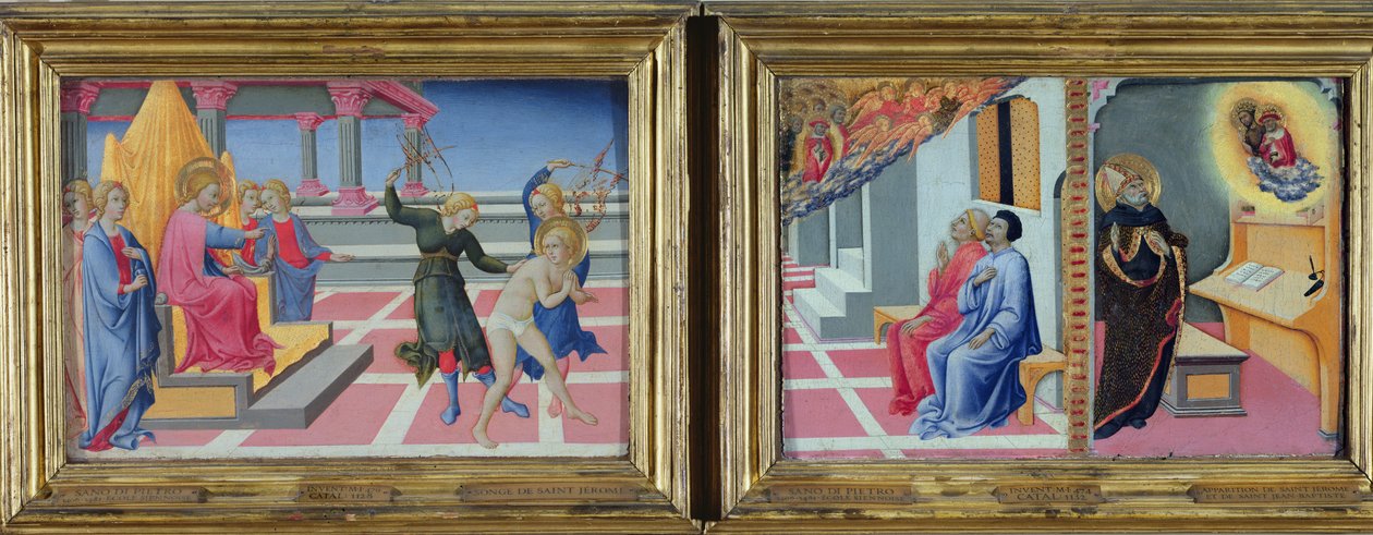 De Droom van St. Jerome en de Verschijning van St. Jerome aan Sulpicius Severus en St. Augustinus, 1444 door Sano di Pietro