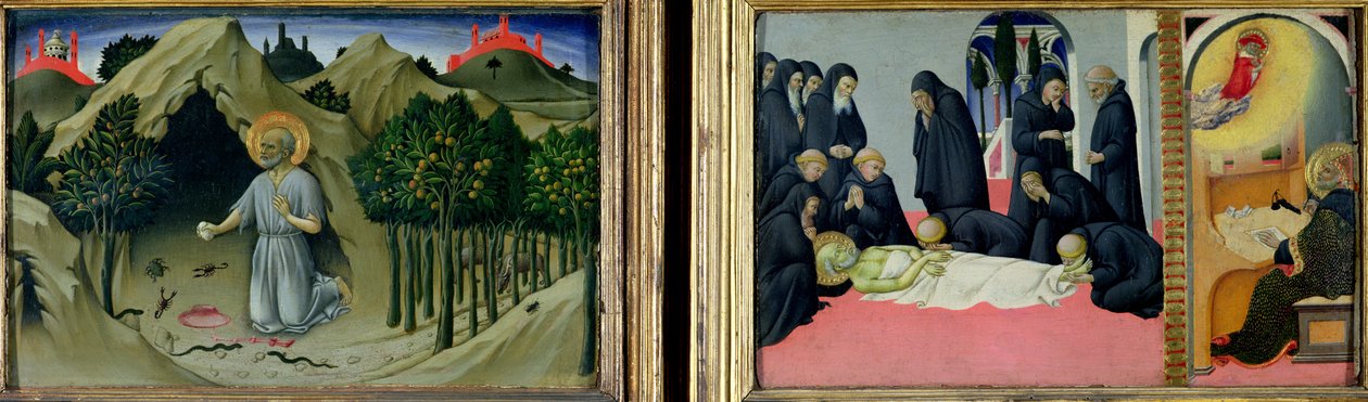 De boetedoening van St. Jerome en de dood en verschijning van St. Jerome aan St. Cyril van Jeruzalem door Sano di Pietro
