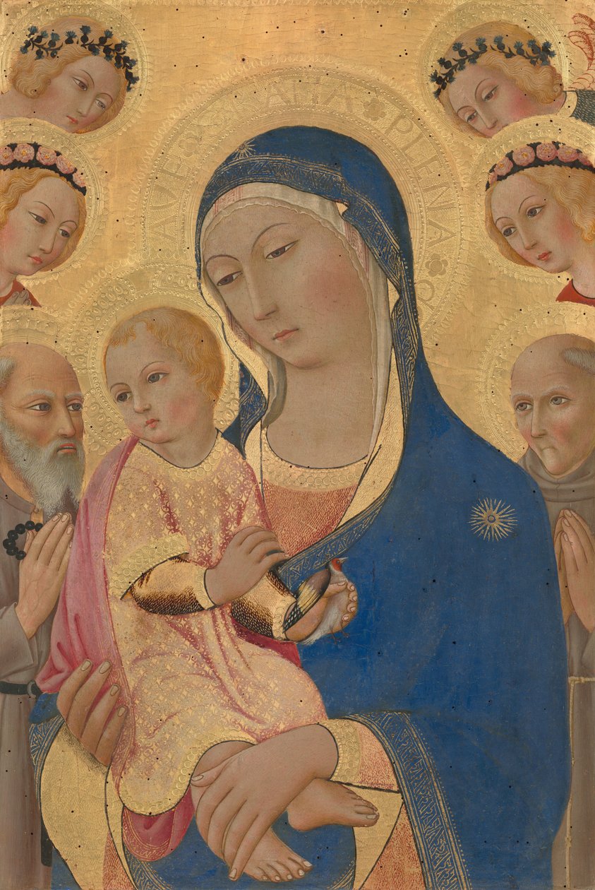 Madonna en Kind met Sint Hiëronymus, Sint Bernardinus en engelen, ca. 1460-1470 door Sano di Pietro