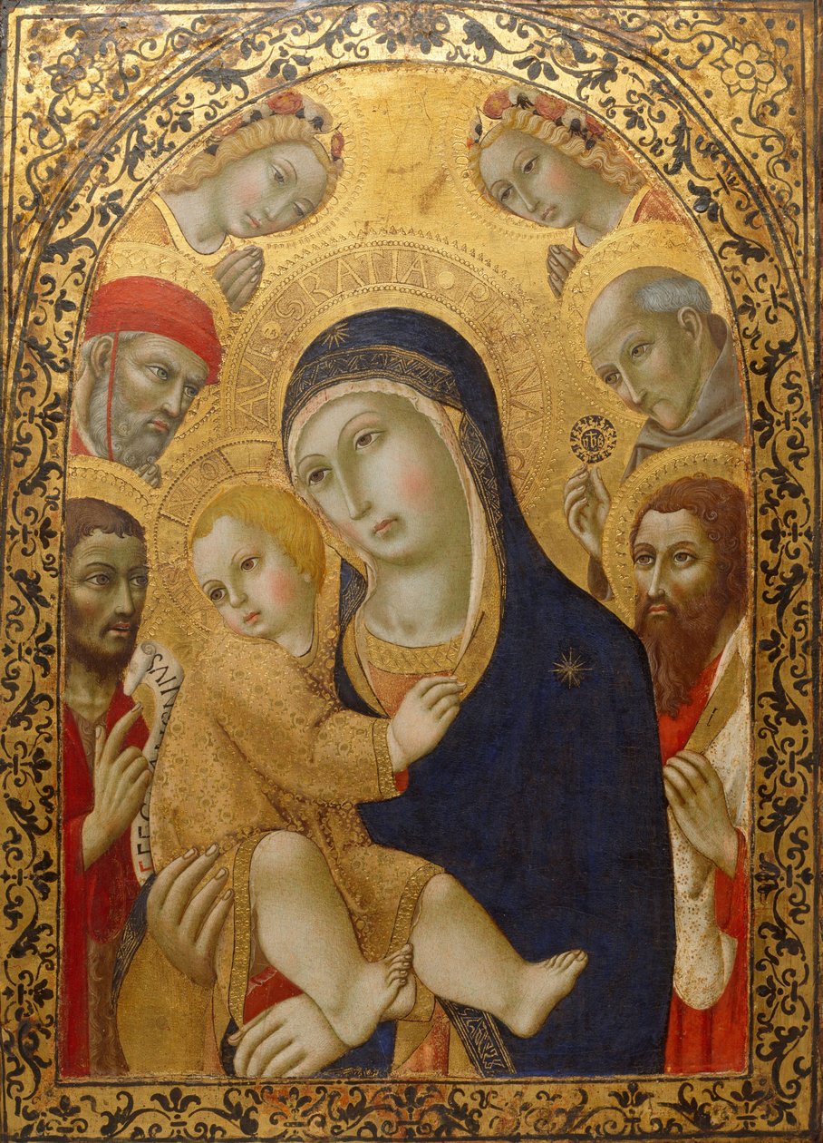 Madonna met Kind en de heiligen Hiëronymus, Johannes de Doper, Bernardino en Bartholomeüs door Sano di Pietro