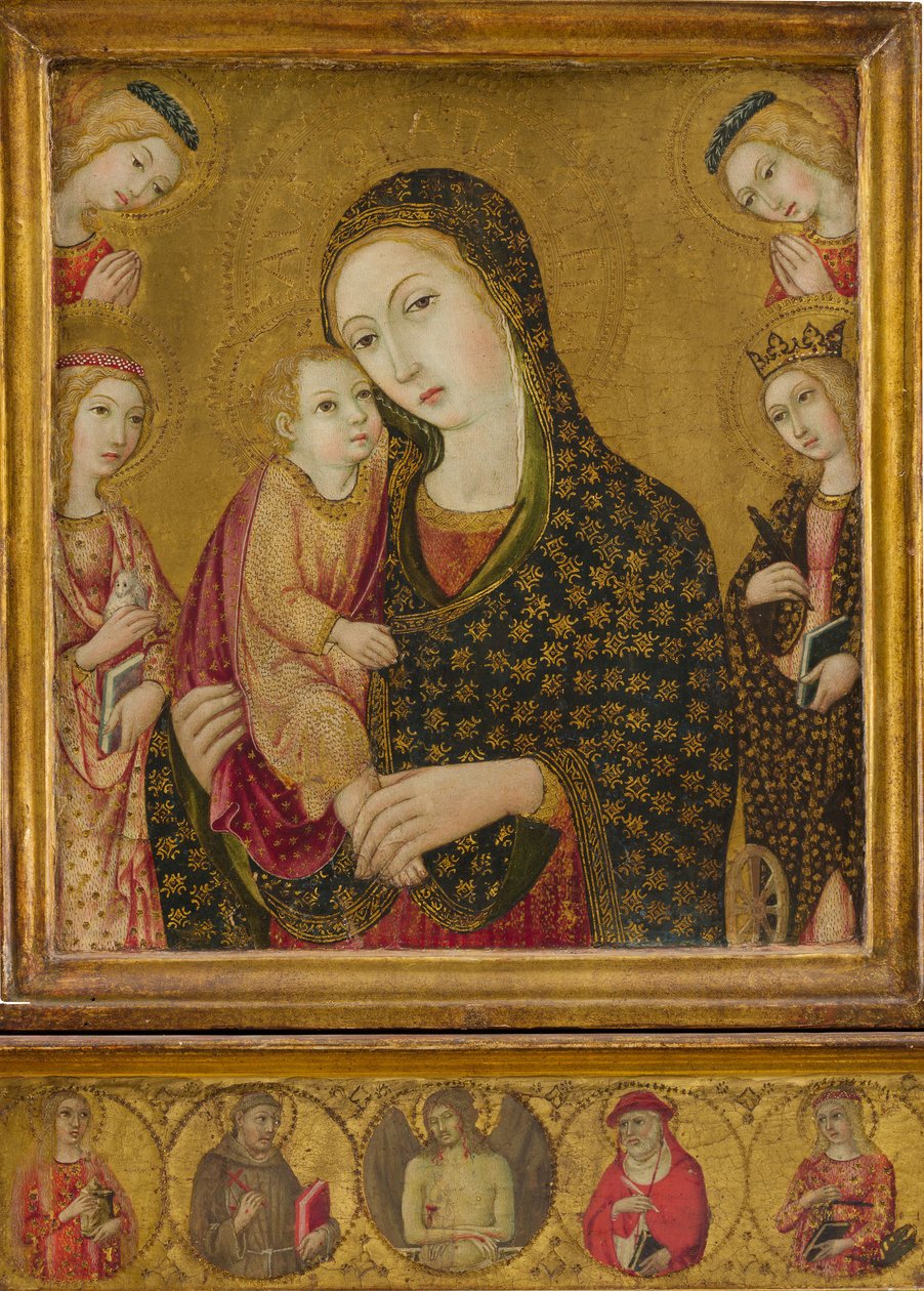 Madonna en kind met de dode Christus, heiligen Agnes en Catharina van Alexandrië door Sano di Pietro