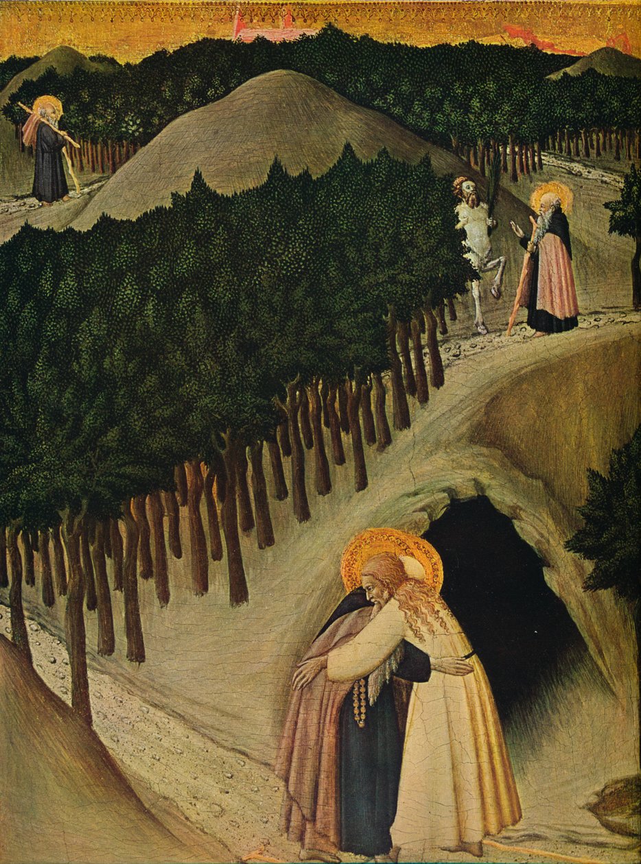 De ontmoeting van Sint Antonius en Sint Paulus, ca. 1430-1435 door Sano di Pietro