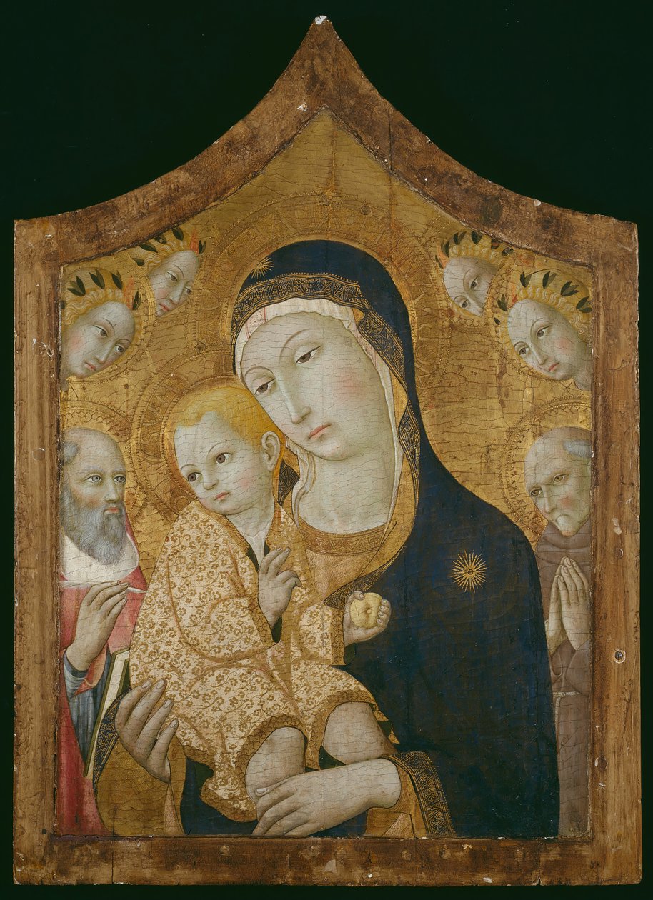 Maagd en kind met heiligen Jerome, Bernardino van Siena en engelen door Sano di Pietro