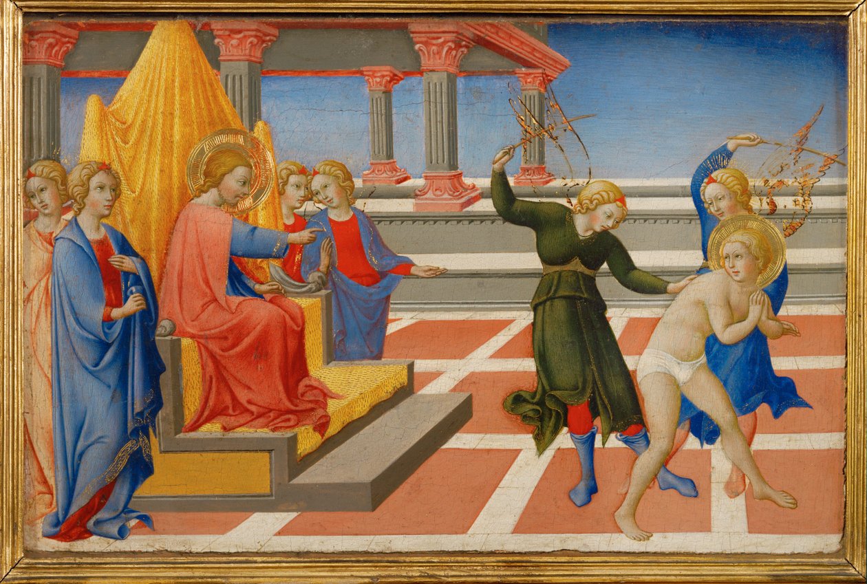 De heilige Hiëronymus droomt dat Christus zijn geseling laat uitvoeren door twee engelen ... door Sano di also Ansano di Pietro di Mencio Pietro