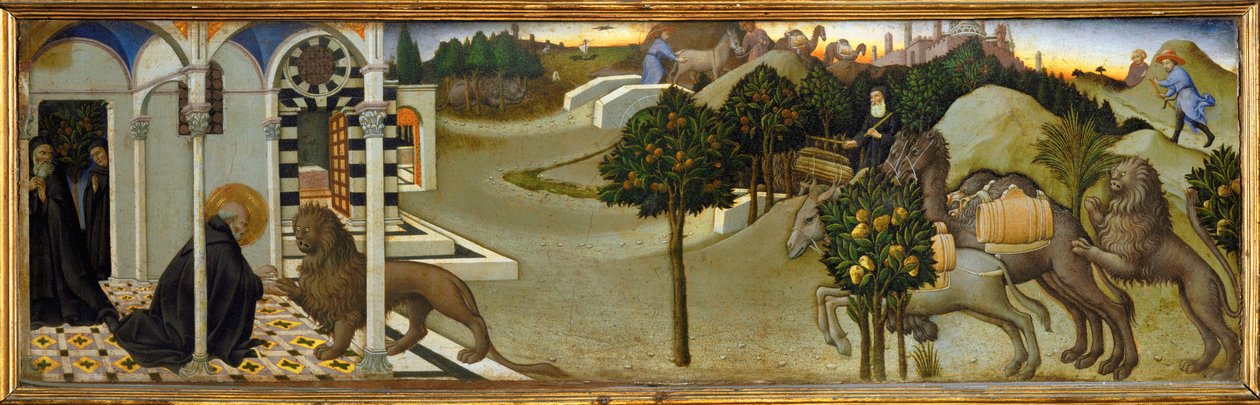 De heilige Hiëronymus trekt een doorn uit de poot van de leeuw ... door Sano di also Ansano di Pietro di Mencio Pietro