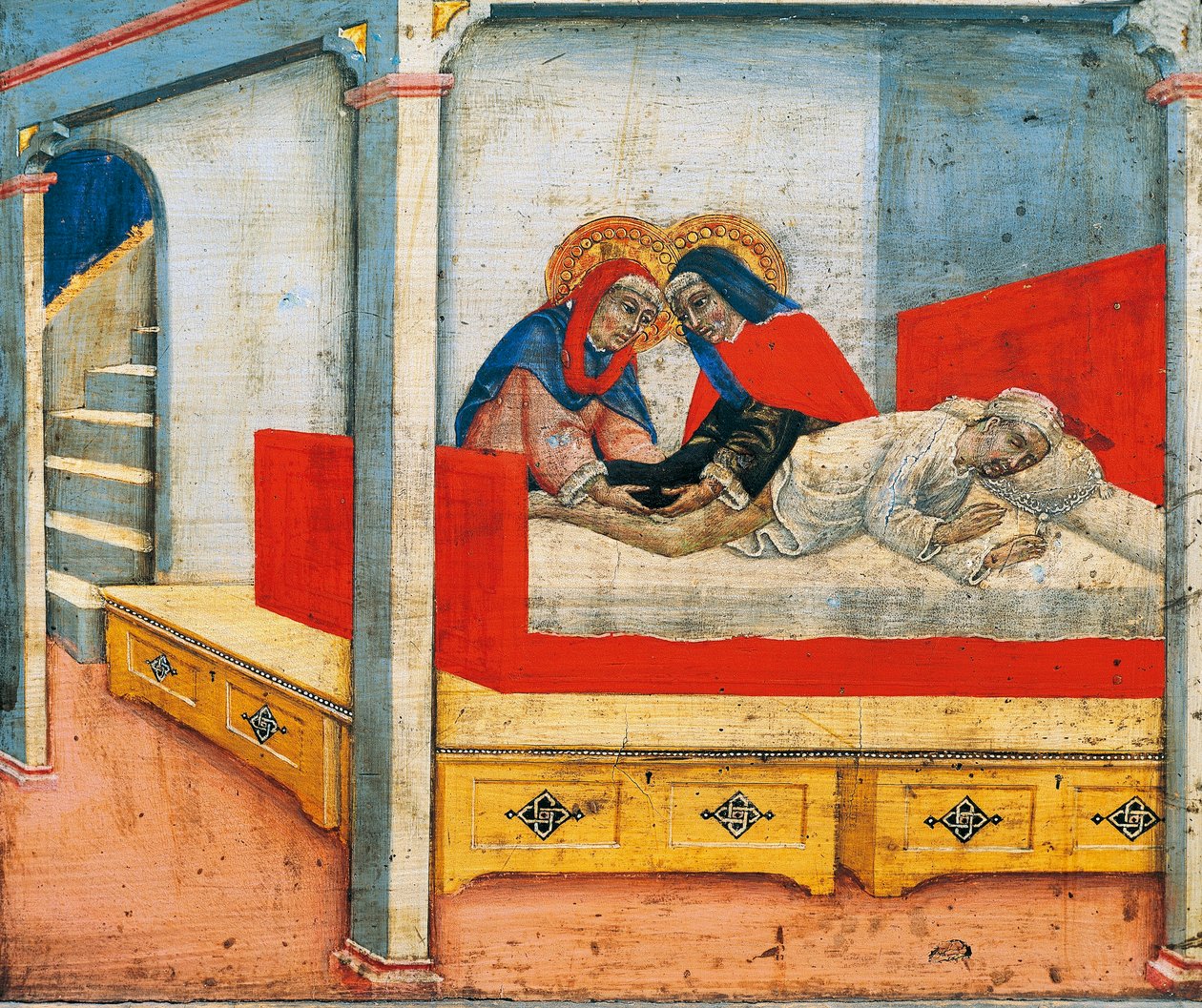 Heiligen Cosmas en Damian bevestigen Ethiopische been aan koster (wonder van Ethiopisch been), scène uit predella van Madonna en Kind met engelen en heiligen door Sano di also Ansano di Pietro di Mencio Pietro