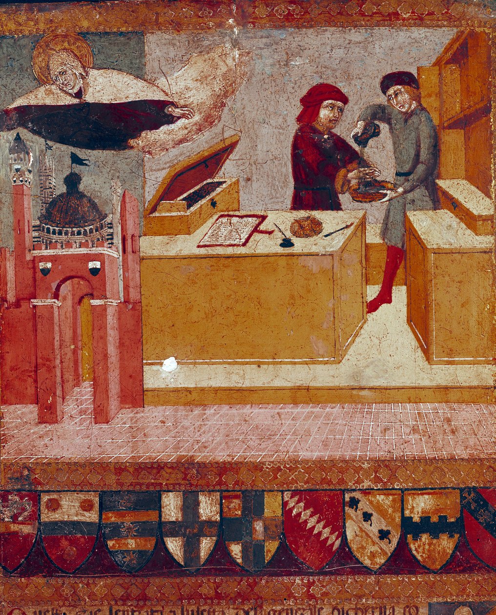 De camerlinguist wast symbolisch zijn handen terwijl de welwillende en beschermende Maagd over de stad Siena vliegt (detail). Houtschilderij door Sano di Pietro (1406-1481) decoratie van een Biccherna (omslag van het boekhoudregister van de stad Siena) 145 door Sano di also Ansano di Pietro di Mencio Pietro