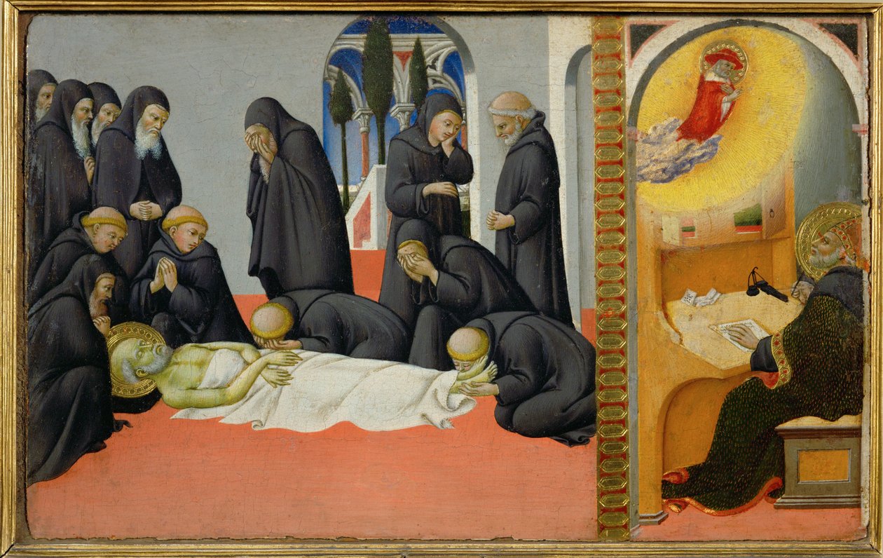 De dood van de heilige Hiëronymus onder zijn discipelen: hij verschijnt aan de heilige Cyrillus, bisschop van Jeruzalem ... door Sano di also Ansano di Pietro di Mencio Pietro
