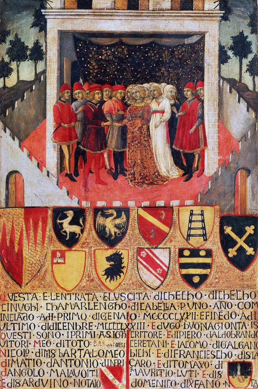 De gave van de ring, huwelijksceremonie tussen Sienese adellijke families door Sano di also Ansano di Pietro di Mencio Pietro