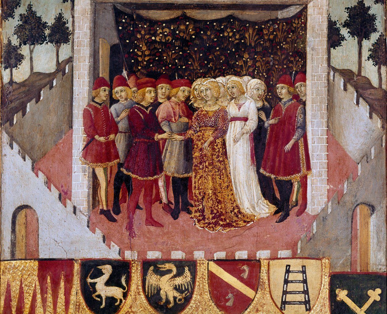 Huwelijksceremonie van een adellijk paar uit de stad Siena. Schilderij door Sano di Pietro (1406-1481) decoratie van een Biccherna (omslag van het boekhoudregister van de stad Siena) 1473. Siena Archivio di Stato, Italië door Sano di also Ansano di Pietro di Mencio Pietro