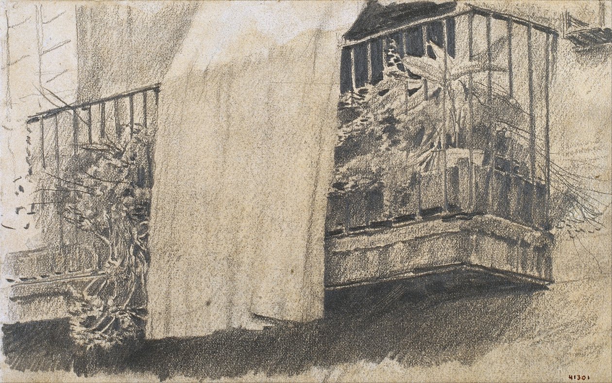 Balkon met Bloemen en Gordijn door Santiago Rusiñol