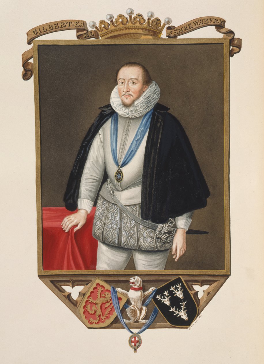 Portret van Gilbert Talbot (1553-1616) 7e Graaf van Shrewsbury uit Memoirs of the Court of Queen Elizabeth naar een portret van Sir William Segar (d.1633), gepubliceerd in 1825 door Sarah Countess of Essex