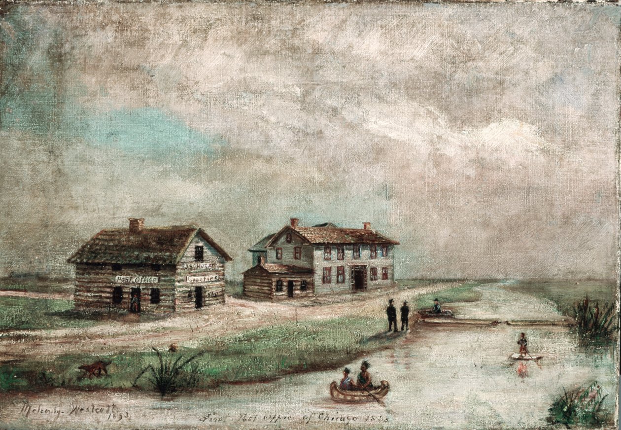 Het eerste Amerikaanse postkantoor in Chicago, 1893 door Sarah E. Melendy Westcott