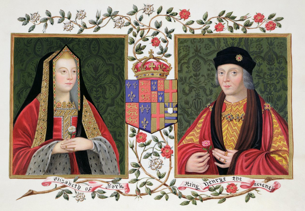 Dubbelportret van Elizabeth van York (1465-1503) en Hendrik VII (1457-1509) met de witte roos van York en de rode roos van Lancaster uit 