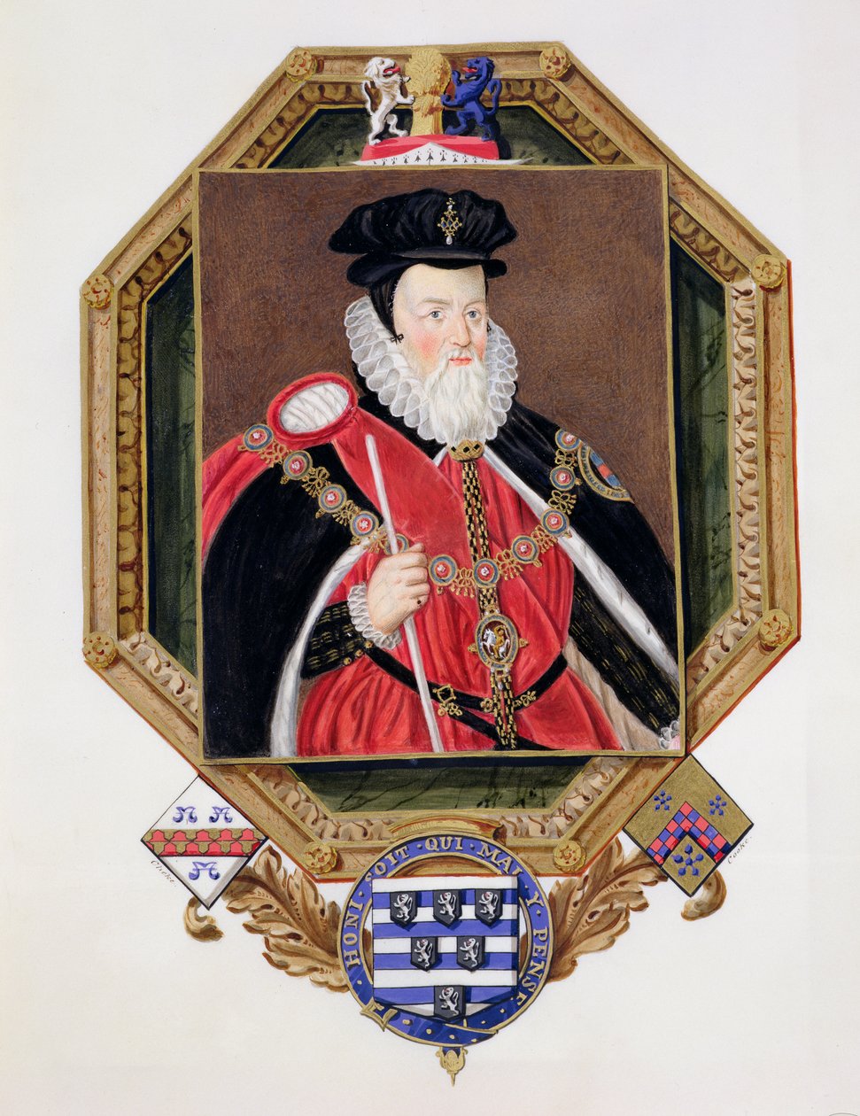 Portret van William Cecil, 1e Baron Burghley, uit Herinneringen aan het hof van koningin Elizabeth, naar een schilderij van Marcus Gheeraerts de Jongere, gepubliceerd in 1825 door Sarah Countess of Essex