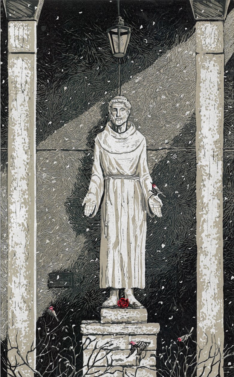 Franciscus in de sneeuw, 2023 (schilderij) door Sarah Drummond