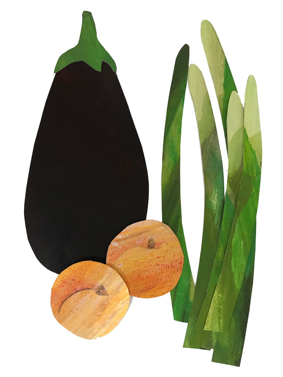 Asperges, abrikozen, aubergine door Sarah Thompson-Engels