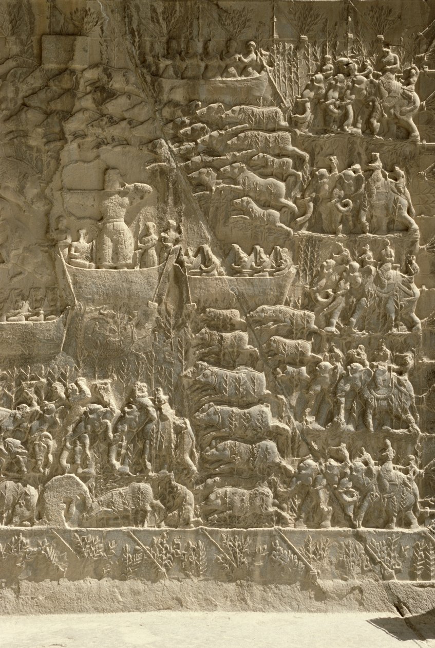 Een koninklijke zwijnenjacht, mogelijk Khosrow II die een pijl schiet vanaf een boot, reliëf van de zijkant van de aivans, c.620 door Sasanian School