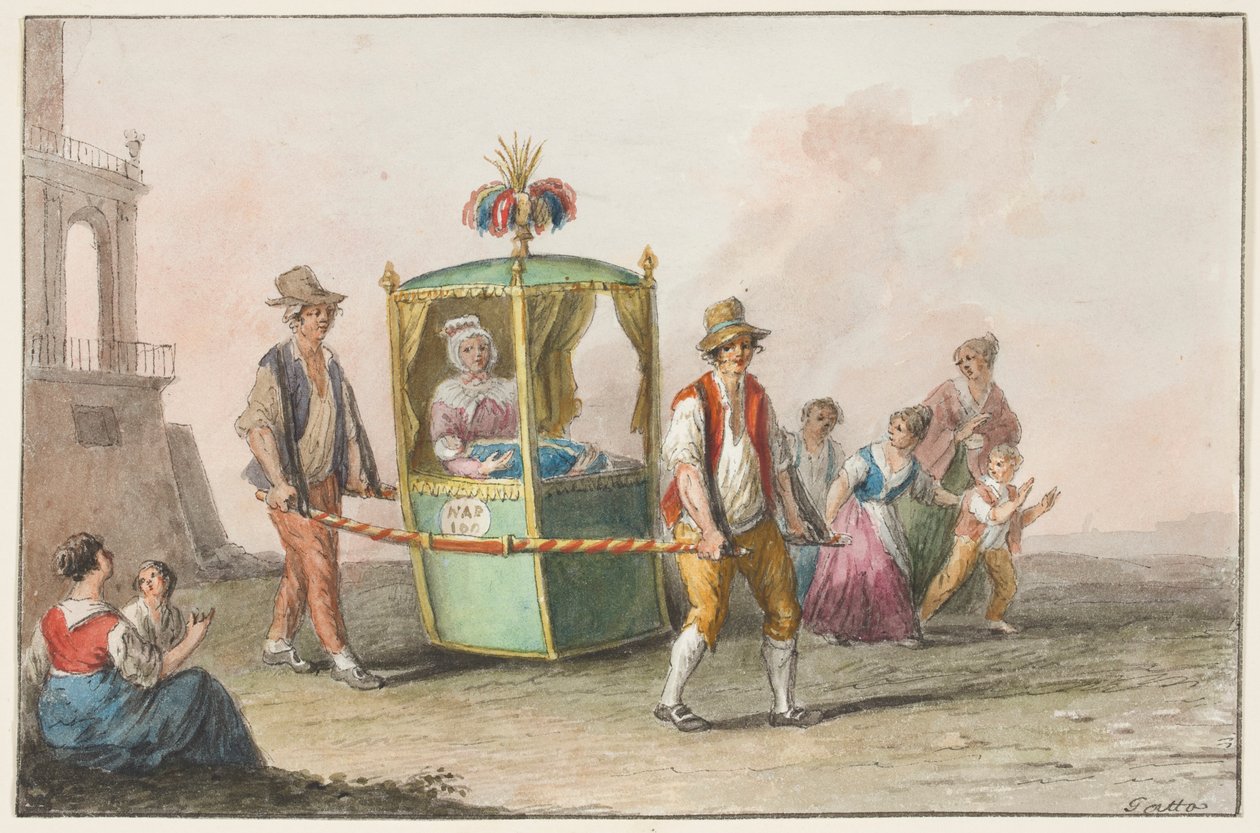 Aquarel; Een vroedvrouw met een baby op weg naar de kerk voor de doop door Saverio della Gatta