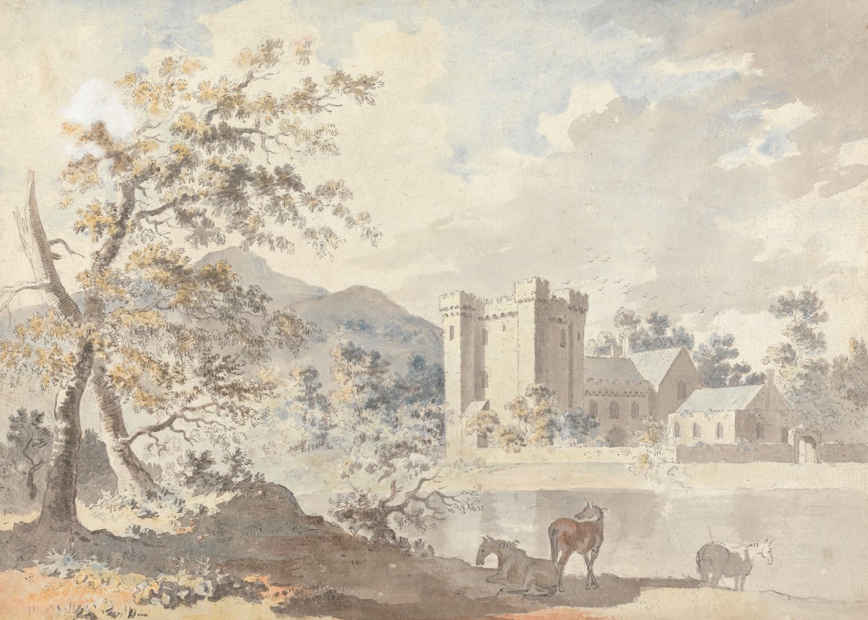 Kasteel Onder Bergen met Paarden bij een Rivier door Sawrey Gilpin