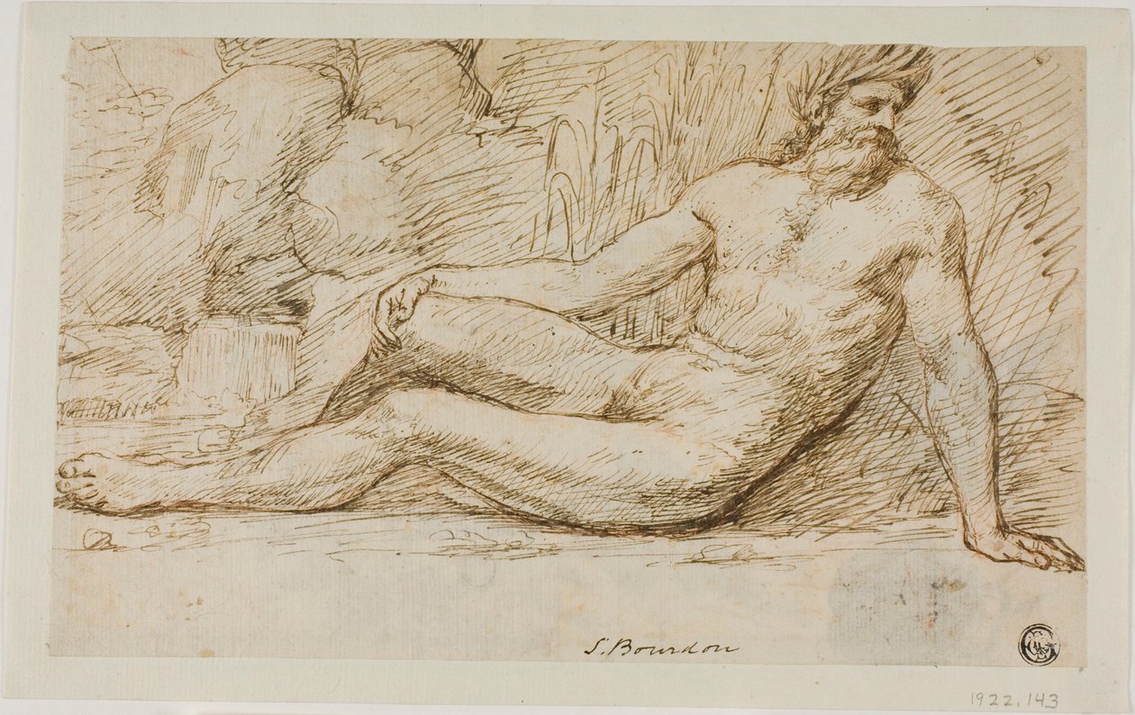 Rivier God (recto); Schetsen van twee mannelijke hoofden (verso) door Sébastien Bourdon