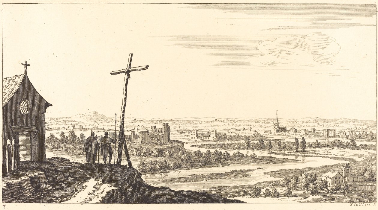 Landschap met Kerk en Stad in de Verte door Sébastien  Le Clerc I
