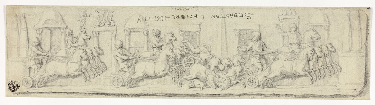 Antiek reliëf van strijdwagenrace door Sébastien Le Clerc the elder