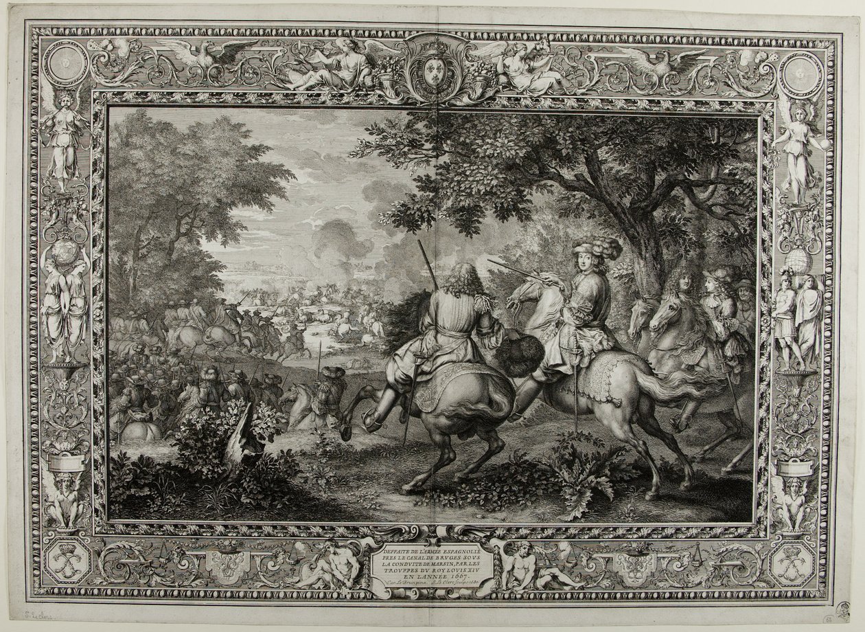 Nederlaag van het Spaanse leger bij het kanaal in Brugge door de troepen van koning Lodewijk XIV 1667 door Sébastien Le Clerc the elder