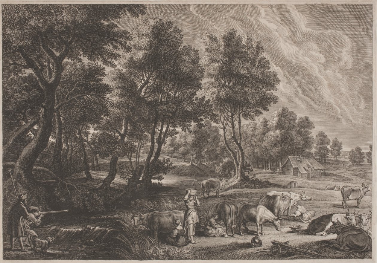 Boerderijlandschap met Jagers en Melkmeisjes door Schelte Adams Bolswert, after Sir Peter Paul Rubens