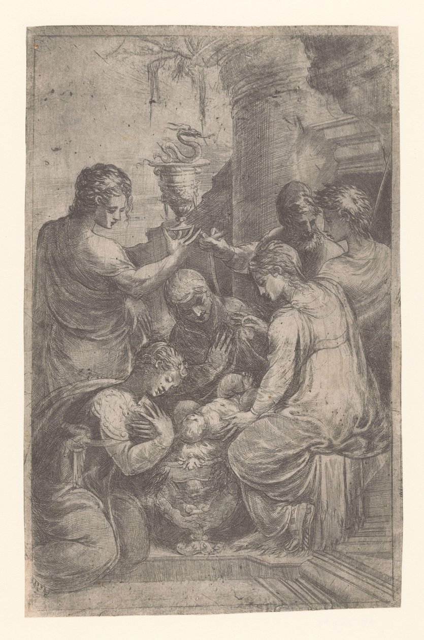 Christus in de kribbe met heiligen door Schiavone