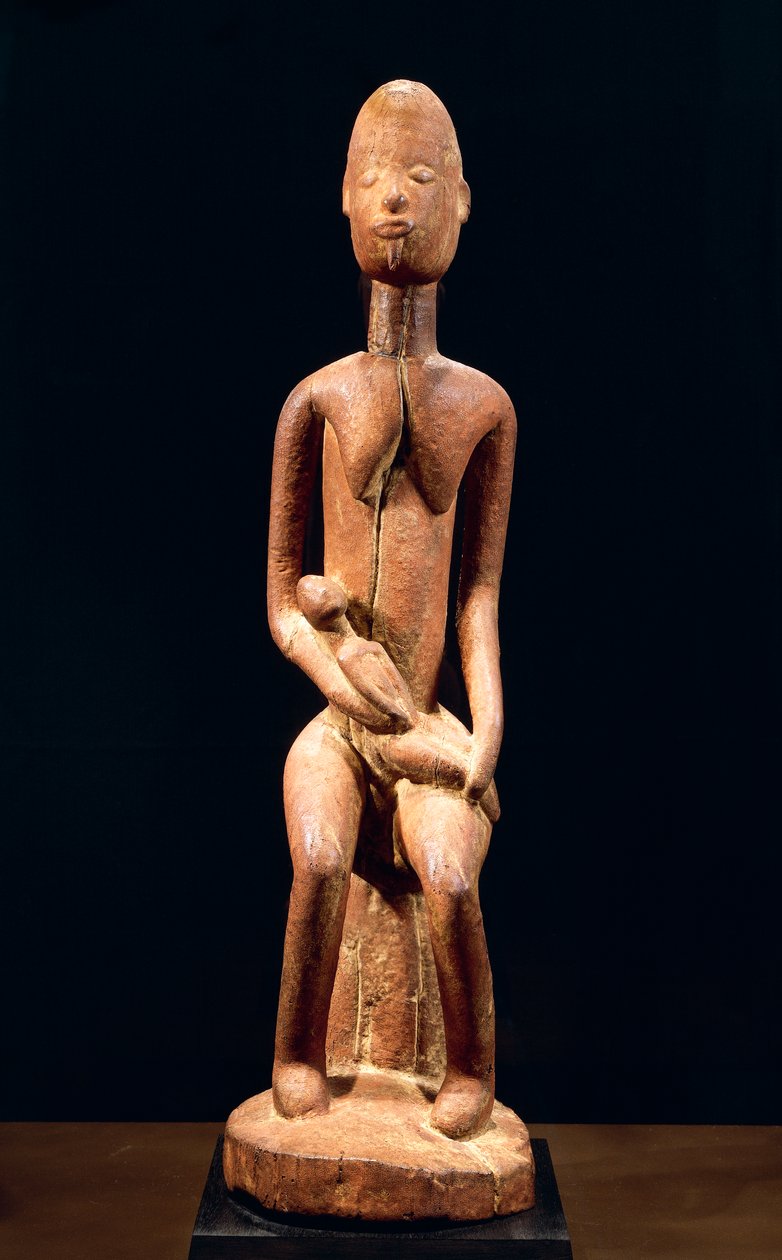 Houten sculptuur die Moeder en Kind uitbeeldt, door Meester van de Rode Moederschap, hoogte 59 cm, Dogon stamkunst Mali door School African