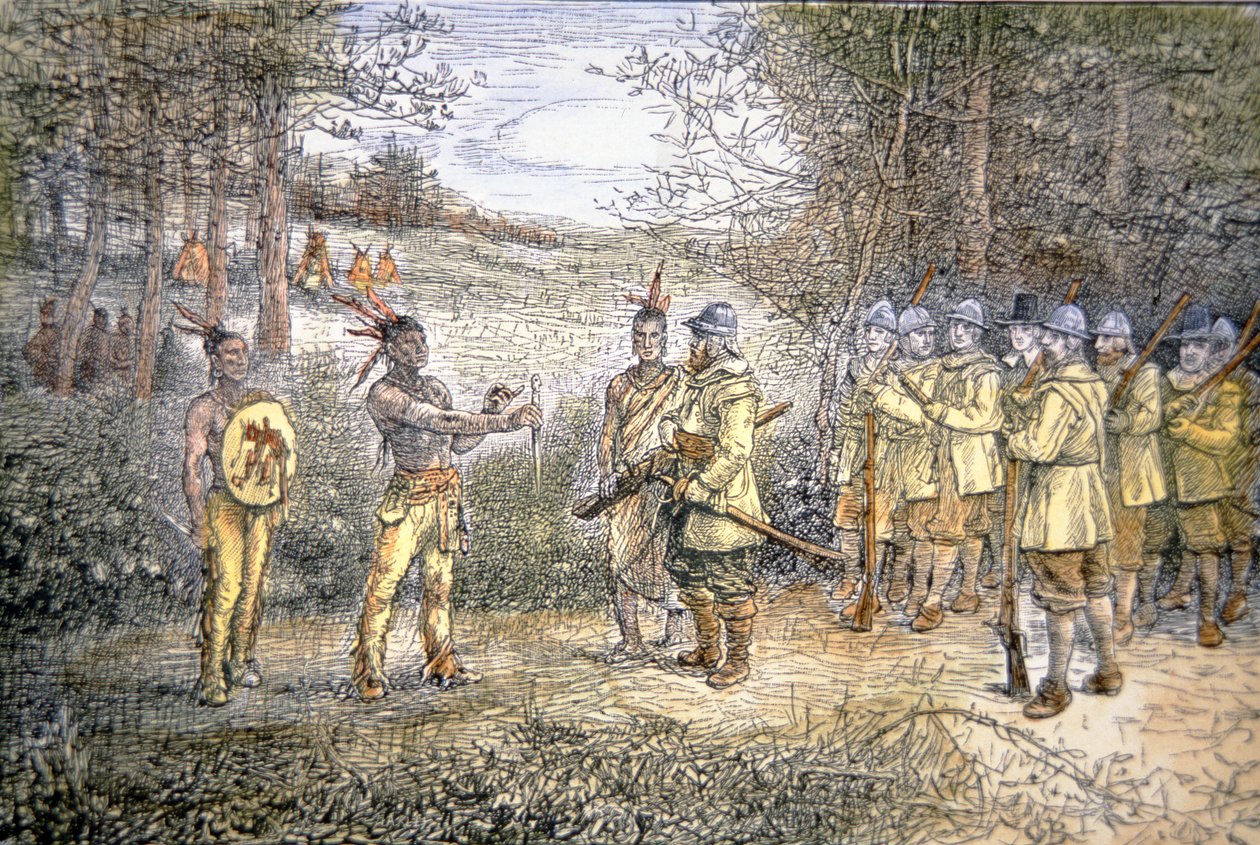 Kapitein Miles Standish handelt met Wampanoag Indianen in 1621 door School American