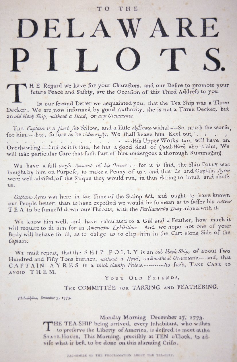 Facsimile van de proclamatie van de patriotten van Philadelphia aan de Delaware Pilots waarin ze worden gewaarschuwd niet met het Britse theeschip om te gaan, 7 december 1773 door School American