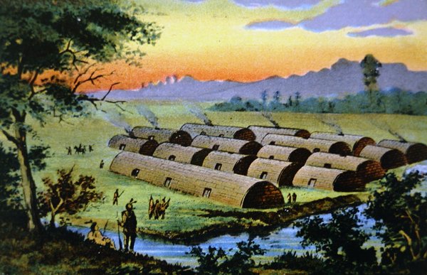 Manhattan Island, New York City, voordat de Nederlanders zich hier vestigden, met een Indiaans dorp van de Wapinger confederatie door School American