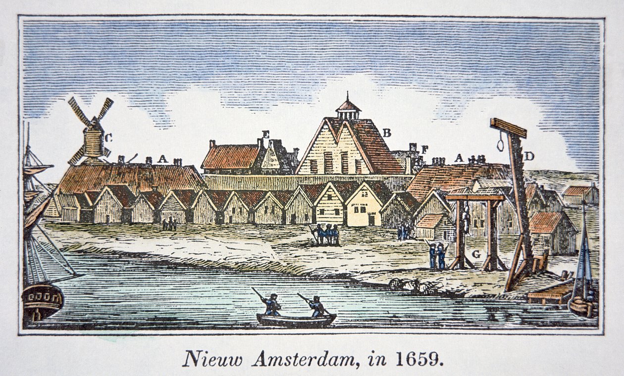 Nieuw-Amsterdam (later New York) op Manhattan Island, uit een uitzicht gepubliceerd in 1659 door School American